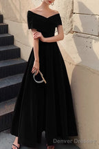 Simple V-neck Short-Sleeve Off Shoulder Long Prom Dress Black A-Line  Evening Dress
