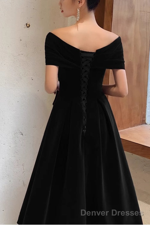 Simple V-neck Short-Sleeve Off Shoulder Long Prom Dress Black A-Line  Evening Dress