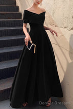 Simple V-neck Short-Sleeve Off Shoulder Long Prom Dress Black A-Line  Evening Dress
