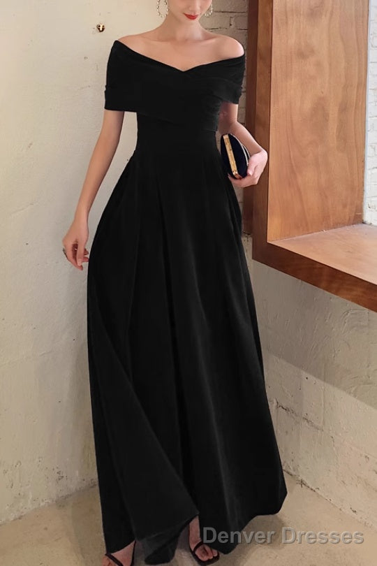 Simple V-neck Short-Sleeve Off Shoulder Long Prom Dress Black A-Line  Evening Dress