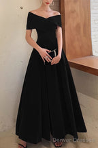 Simple V-neck Short-Sleeve Off Shoulder Long Prom Dress Black A-Line  Evening Dress