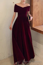 Simple V-neck Short-Sleeve Off Shoulder Long Prom Dress Burgundy A-Line  Evening Dress
