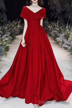 Simple V-neck Short-Sleeve Off Shoulder Long Prom Dress Red A-Line  Evening Dress