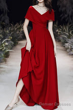 Simple V-neck Short-Sleeve Off Shoulder Long Prom Dress Red A-Line  Evening Dress