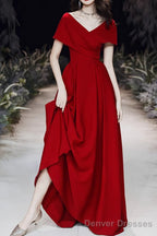 Simple V-neck Short-Sleeve Off Shoulder Long Prom Dress Red A-Line  Evening Dress