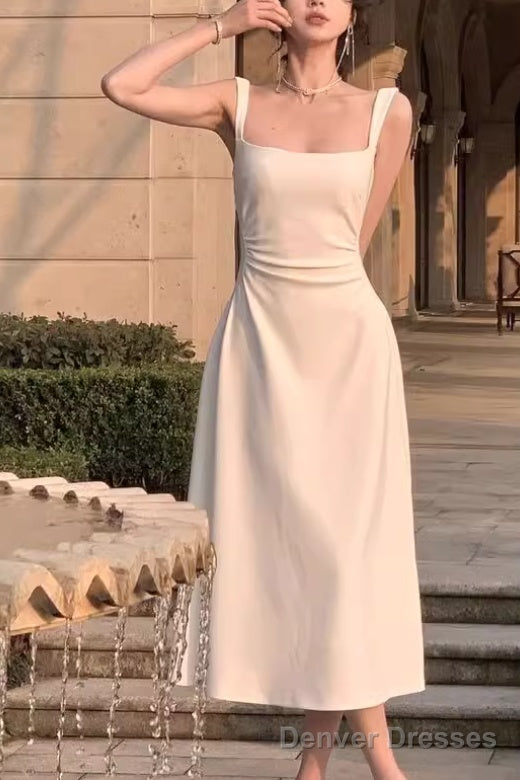 Sleeveless Square Neck Homecoming Dress Ruched A-Line Midi Dress