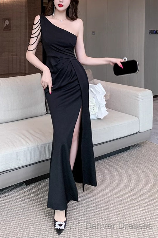Elegant One-Shoulder Satin Long Prom Dress With Slit Bodycon Dresses