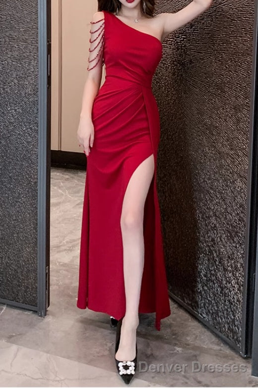 Elegant One-Shoulder Satin Long Prom Dress With Slit Bodycon Dresses
