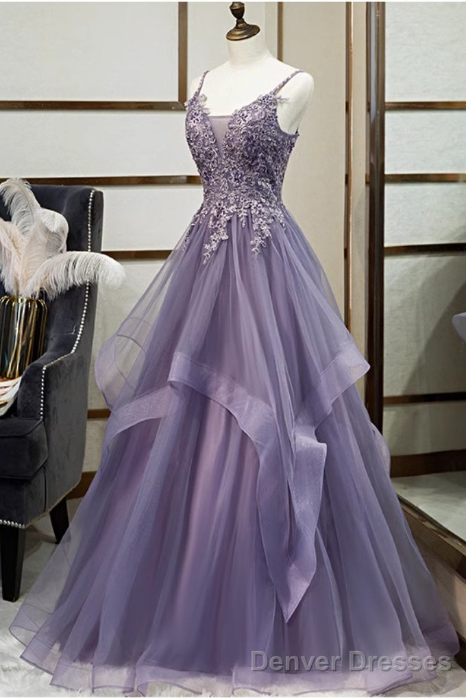 Purple Tulle A-line V-neck Spaghetti Straps Prom Dress With Lace Appliques