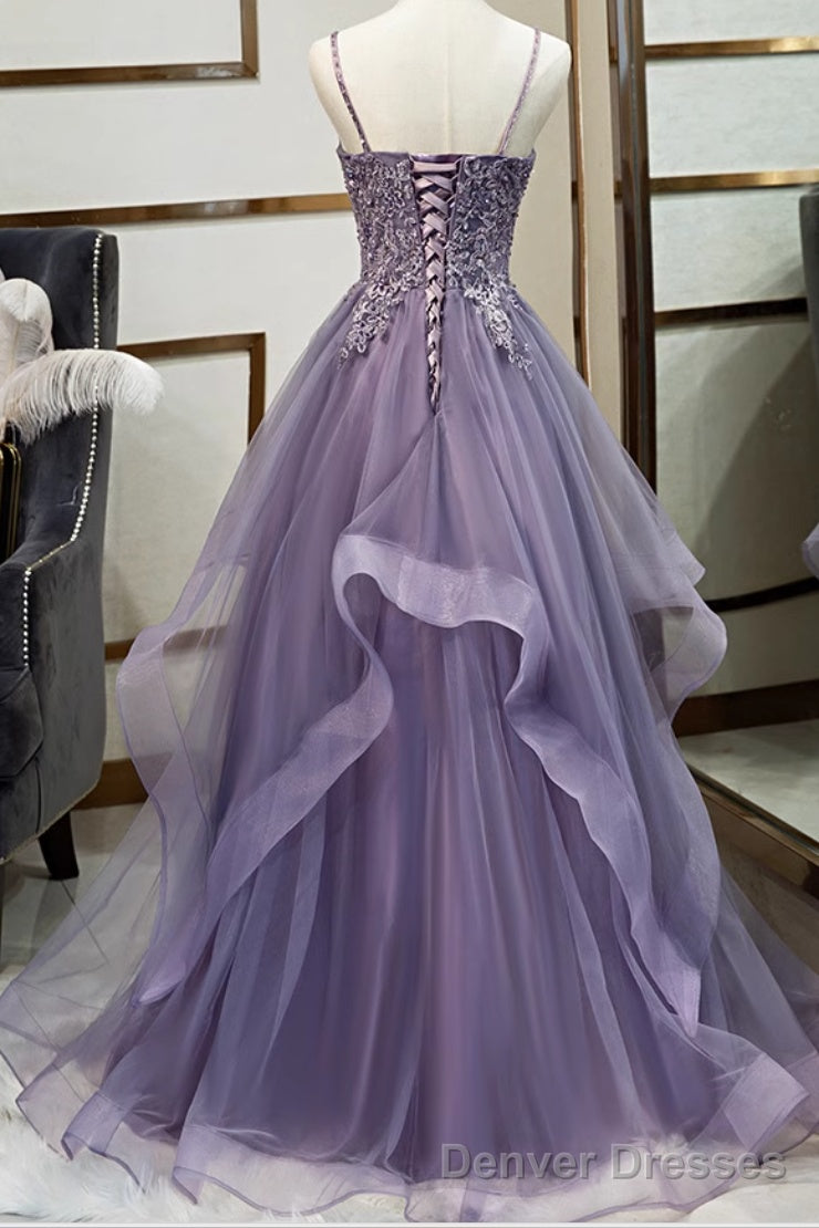 Purple Tulle A-line V-neck Spaghetti Straps Prom Dress With Lace Appliques