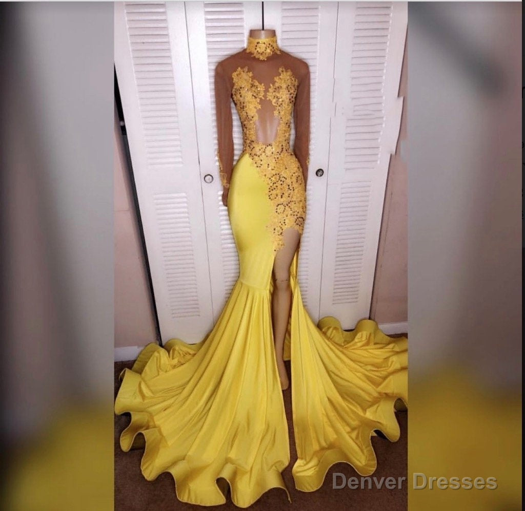 2025 Junoesque Yellow Split Mermaid/Trumpet Long Sleeve Satin Prom Dresses Secondary image