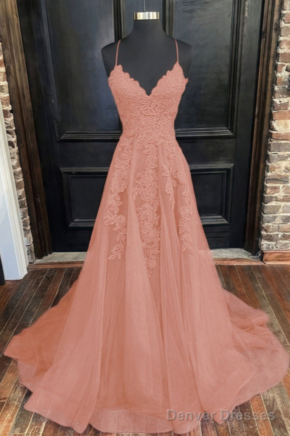 A-Line/Princess V-neck Sweep Train Tulle Evening Dresses With Appliques Lace Secondary image