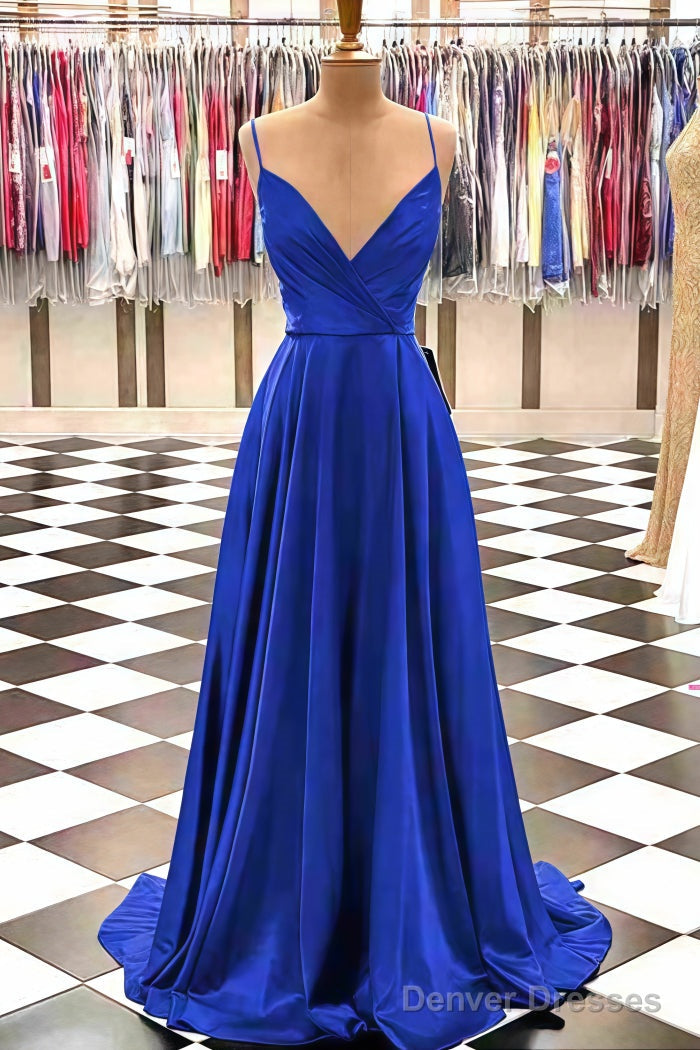 A-line V Neck Spaghetti Straps Sweep Train Charmeuse Prom Dresses With Pleated