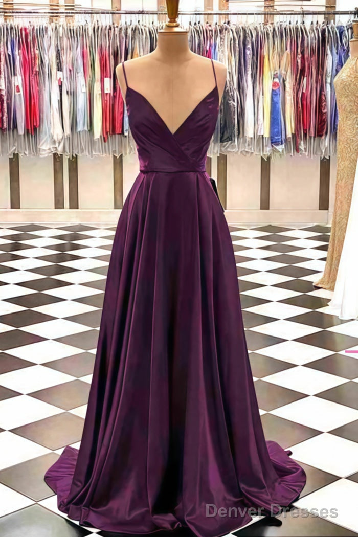 A-line V Neck Spaghetti Straps Sweep Train Charmeuse Prom Dresses With Pleated