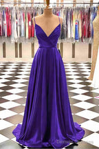 A-line V Neck Spaghetti Straps Sweep Train Charmeuse Prom Dresses With Pleated