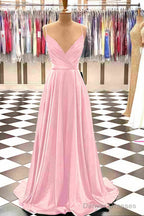 A-line V Neck Spaghetti Straps Sweep Train Charmeuse Prom Dresses With Pleated