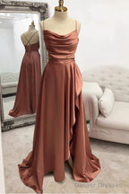 A-line Bateau Spaghetti Straps Long/Floor-Length Satin Prom Dresses With Pleated Split