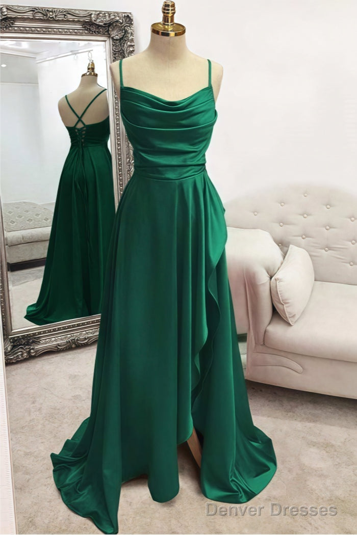 A-line Bateau Spaghetti Straps Long/Floor-Length Satin Prom Dresses With Pleated Split
