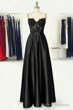 A-line Sweetheart Spaghetti Straps Long/Floor-Length Satin Prom Dresses With Appliqued Pockets