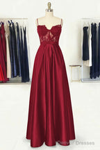 A-line Sweetheart Spaghetti Straps Long/Floor-Length Satin Prom Dresses With Appliqued Pockets