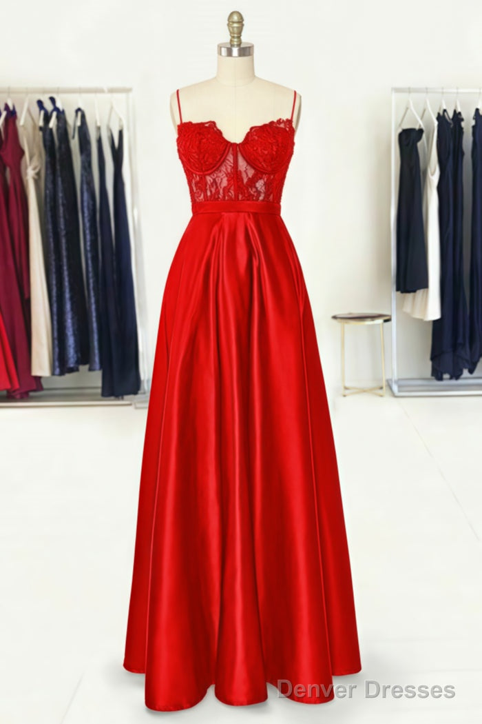 A-line Sweetheart Spaghetti Straps Long/Floor-Length Satin Prom Dresses With Appliqued Pockets