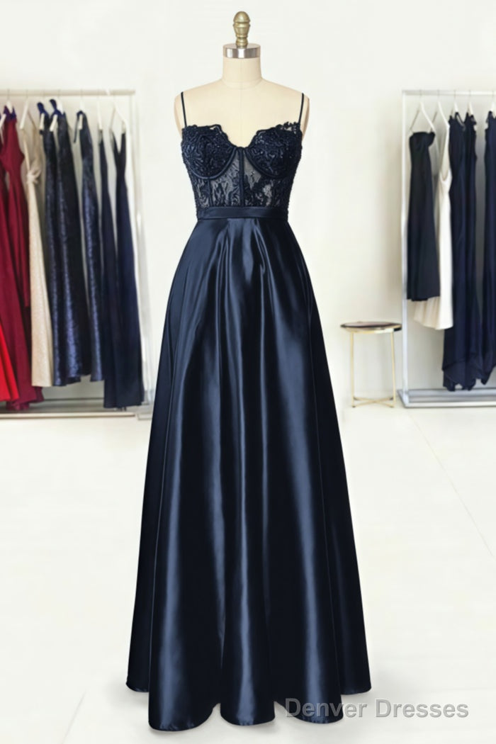 A-line Sweetheart Spaghetti Straps Long/Floor-Length Satin Prom Dresses With Appliqued Pockets