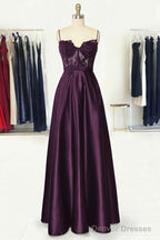 A-line Sweetheart Spaghetti Straps Long/Floor-Length Satin Prom Dresses With Appliqued Pockets