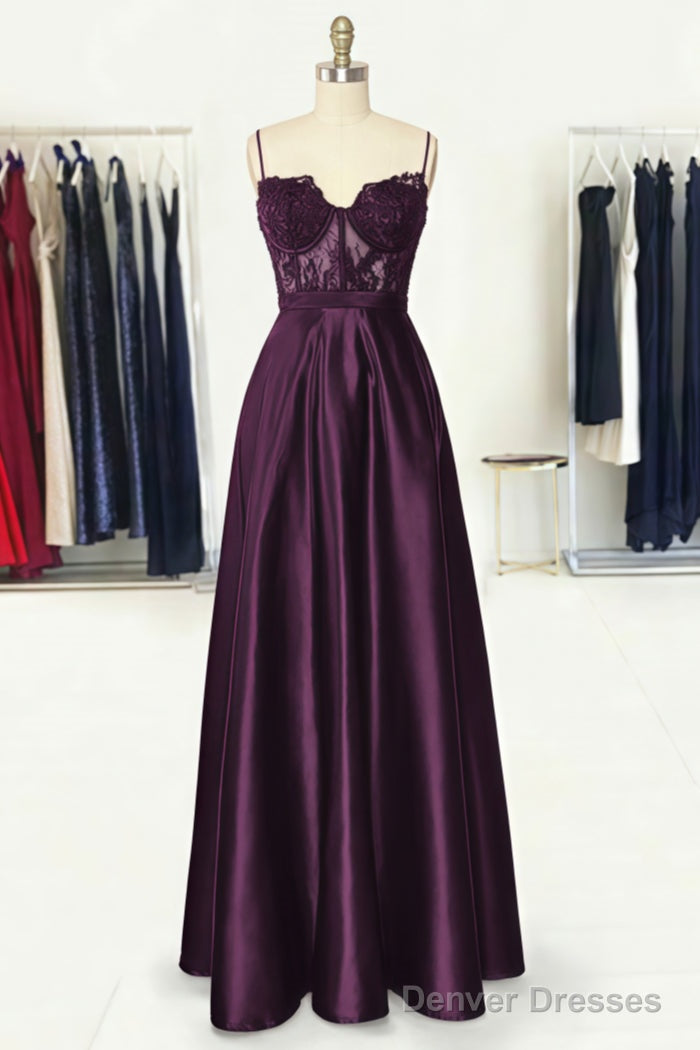 A-line Sweetheart Spaghetti Straps Long/Floor-Length Satin Prom Dresses With Appliqued Pockets