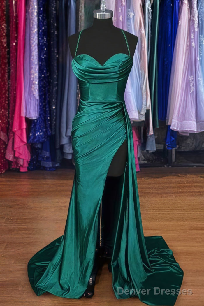 A-line Sweetheart Spaghetti Straps Sweep Train Silk like Satin Ruched Prom Dresses Secondary image