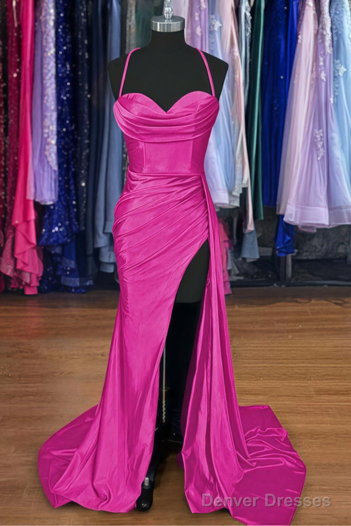 A-line Sweetheart Spaghetti Straps Sweep Train Silk like Satin Ruched Prom Dresses