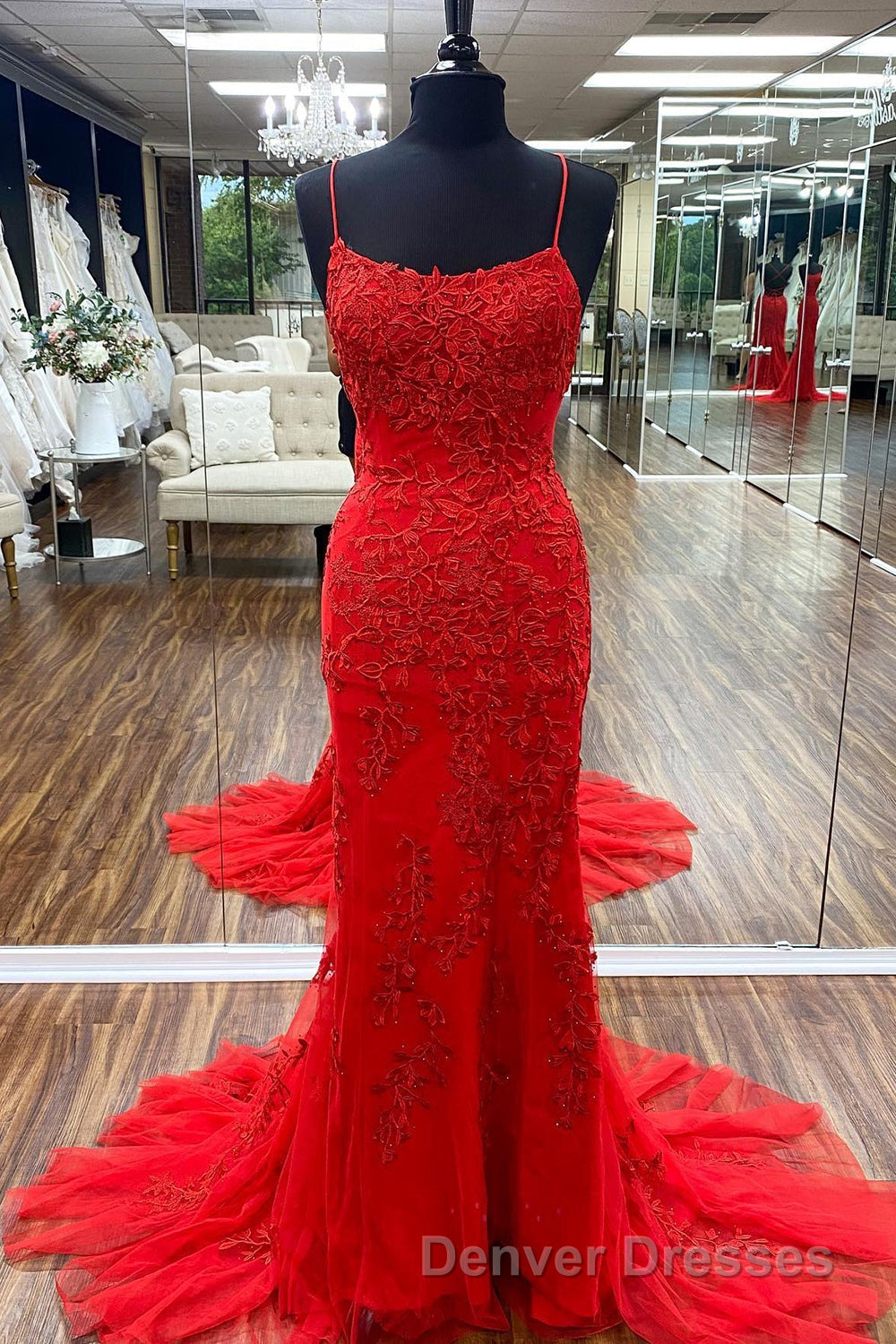 Blue Spaghetti Straps Backless Appliques Prom Dress