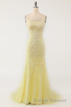 Blue Spaghetti Straps Backless Appliques Prom Dress