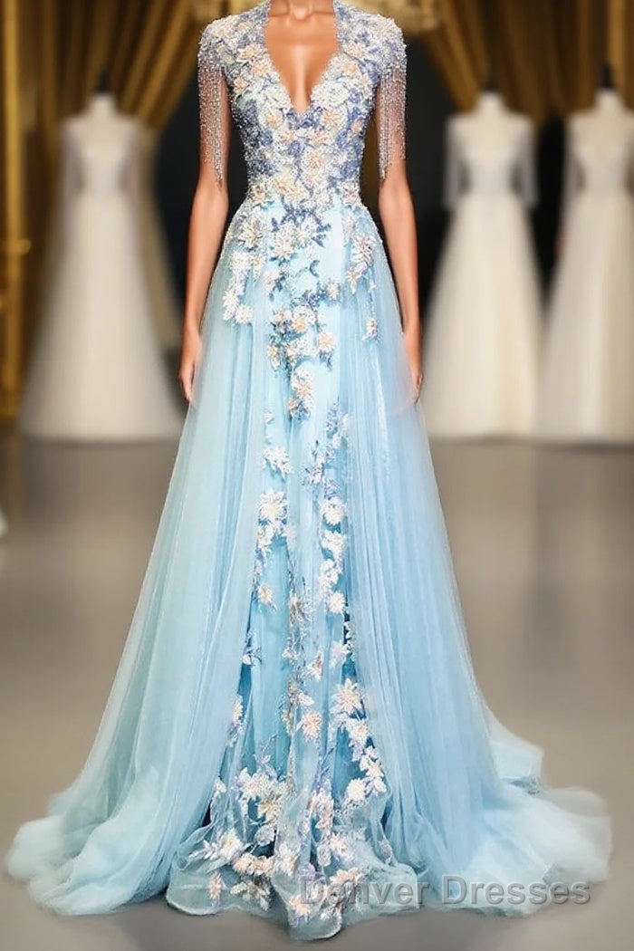 Modest Square Neckline Beading Appliques Sky Blue Long Prom Dress Pageant Gown Main image