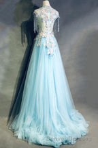 Modest Square Neckline Beading Appliques Sky Blue Long Prom Dress Pageant Gown