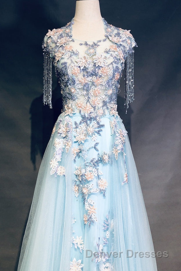 Modest Square Neckline Beading Appliques Sky Blue Long Prom Dress Pageant Gown