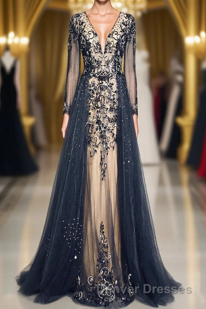 Luxury Long Sleeves V-neck Long Prom Dress Overskirt Mother Formal Dress