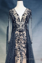 Luxury Long Sleeves V-neck Long Prom Dress Overskirt Mother Formal Dress