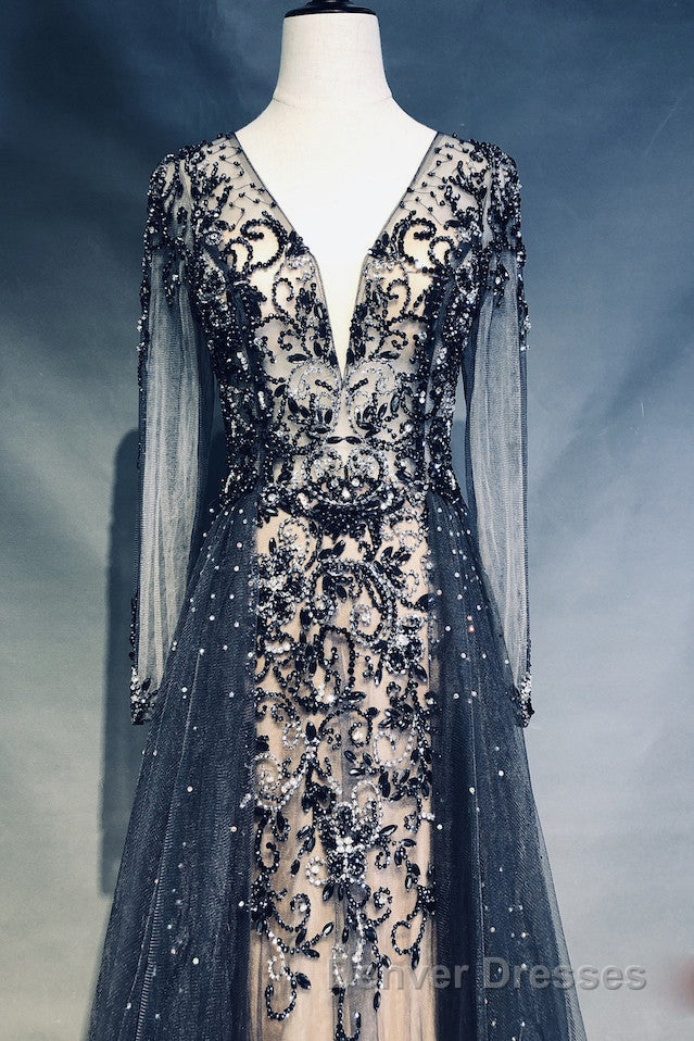 Luxury Long Sleeves V-neck Long Prom Dress Overskirt Mother Formal Dress