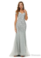 Off Shoulder Mermaid Evening Dresses, Luxurious Silver Bead Trumpet Formal Prom Dress