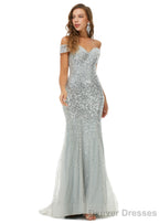 Off Shoulder Mermaid Evening Dresses, Luxurious Silver Bead Trumpet Formal Prom Dress