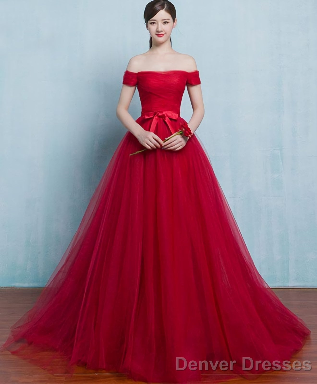 Red A Line Tulle Long Prom Gown Evening Dress Main image