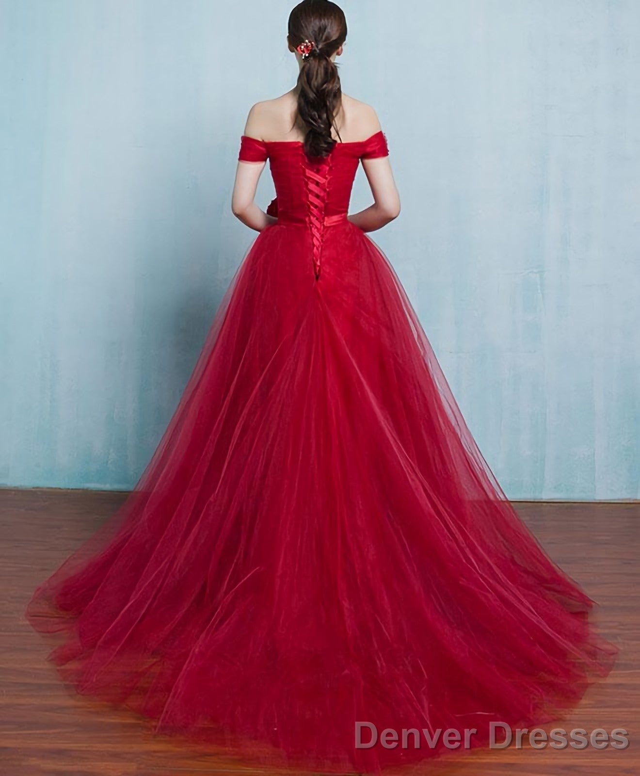 Red A Line Tulle Long Prom Gown Evening Dress
