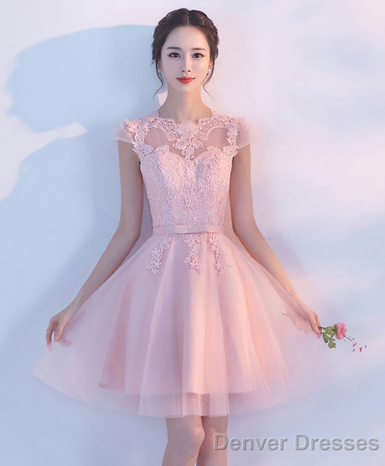 Pink A Line Tulle Lace Short Prom Dress Homecoming Dress 1 Main image
