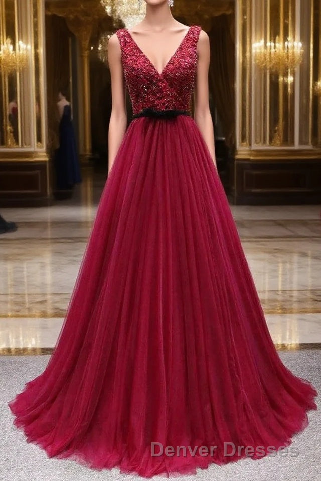 Elegant A-line V-neck Long Prom Dress Tulle Appliques Beaded Formal Dress