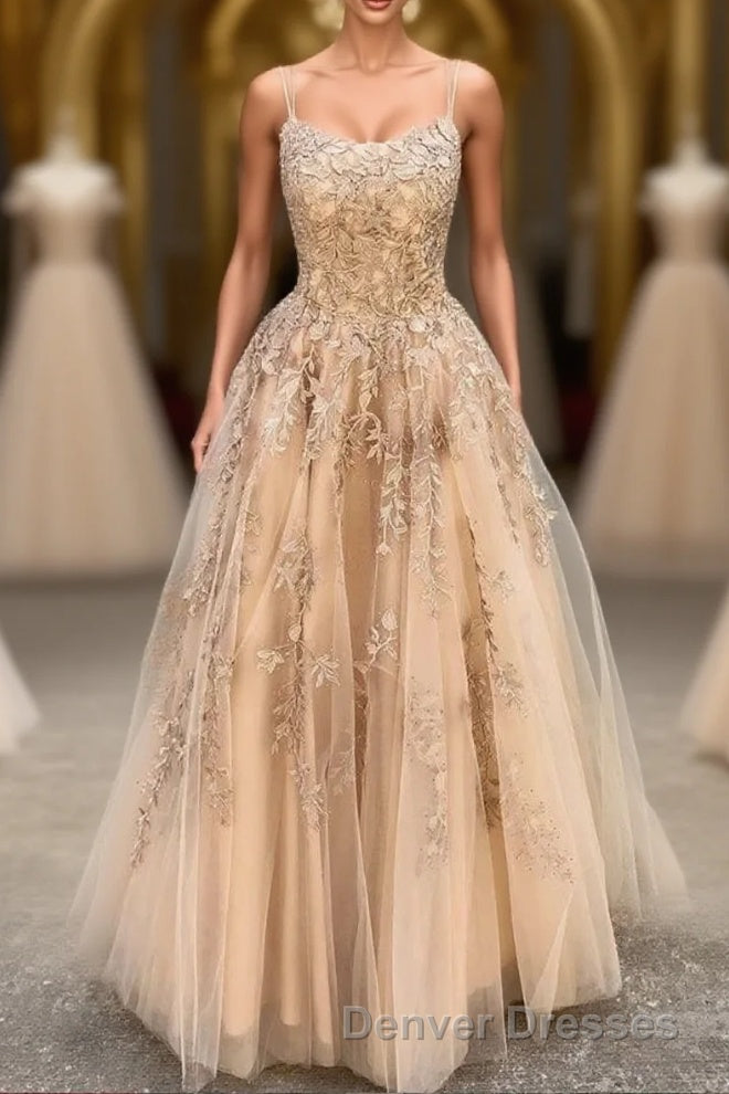 Hottest Elegant Spaghetti Straps Backless Lace Long Princess Prom Dress For Teens