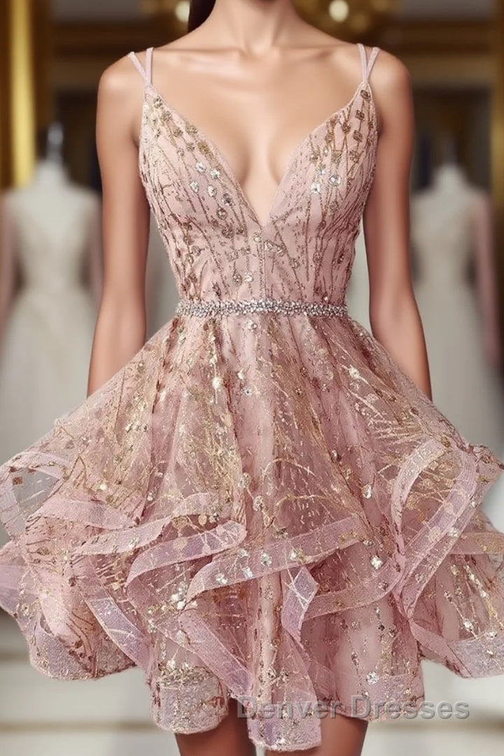 Cute Sequins Pink Homecoming Dress V-neck Beaded Short Prom Dress Main image