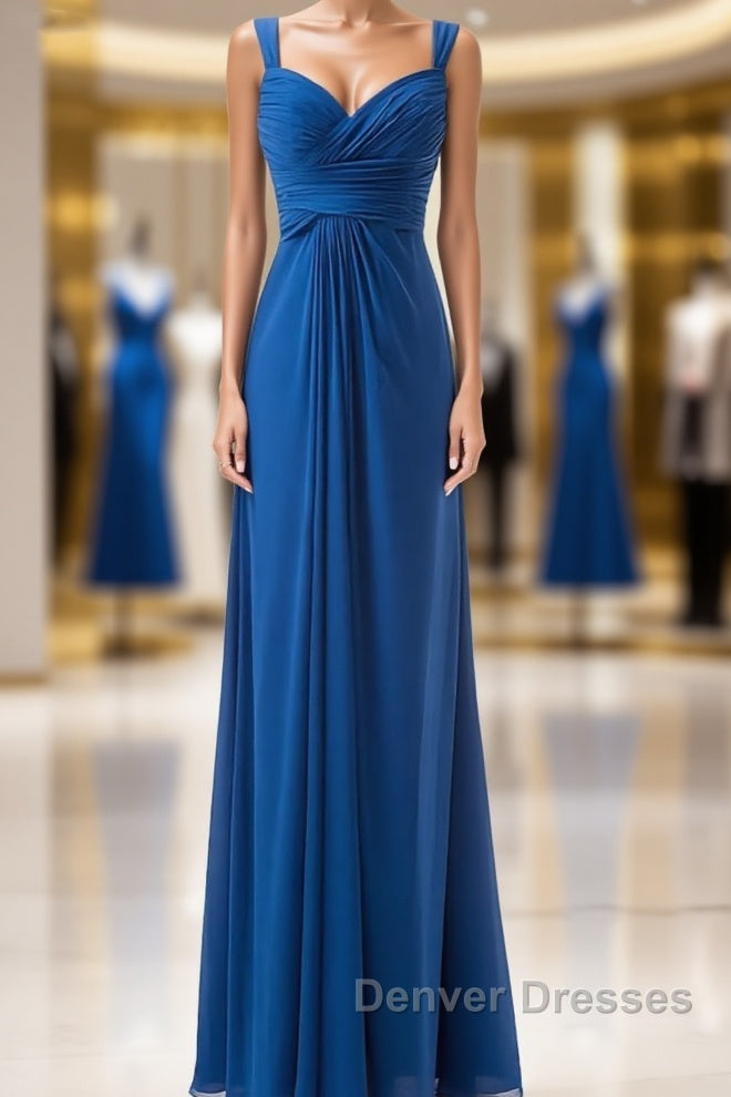 Simple Cheap Blue Sweetheart Long Ruffles Chiffon Bridesmaid Dress Main image