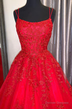 Red Lace Long Prom Dresses, A-Line Formal Evening Dresses