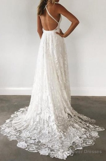 Charming Ivory Lace A Line Spaghetti Straps Backless Side Slit Beach Wedding Dresses Secondary image
