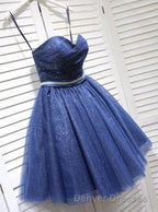 Glitter Sweetheart Blue Short Prom Homecoming Dress With Beading